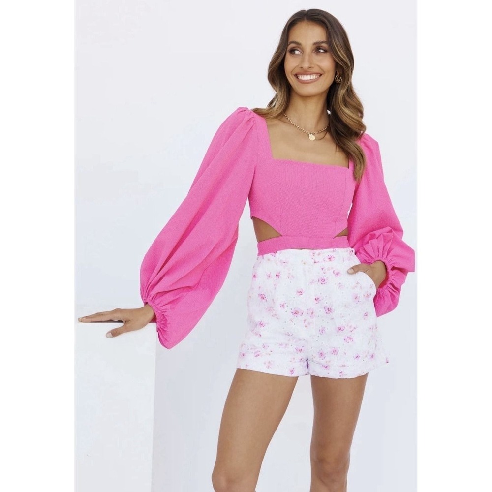 HELLO MOLLY Strawberry Smiles Pink Balloon Sleeve Waist Tie Crop Top XS NWT